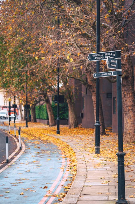A street scene during autumn with a curved sidewalk covered in fallen yellow and orange leaves, bordered by a narrow cycle lane with a double red line along the edge. Tall trees with sparse orange and brown foliage line the sidewalk, and black metal lampposts are visible along the path. A black street sign attached to a lamppost points to 'Vauxhall Bridge,' 'Vauxhall Station,' and 'Thames Walk.' In the background, part of a vehicle and some buildings are visible, with soft natural light illuminating the scene. This setting exemplifies the urban environment where professional house removals by Man with Van Lambeth might occur during a home relocation or furniture transport process, emphasizing the importance of safe and efficient logistics during moving services.